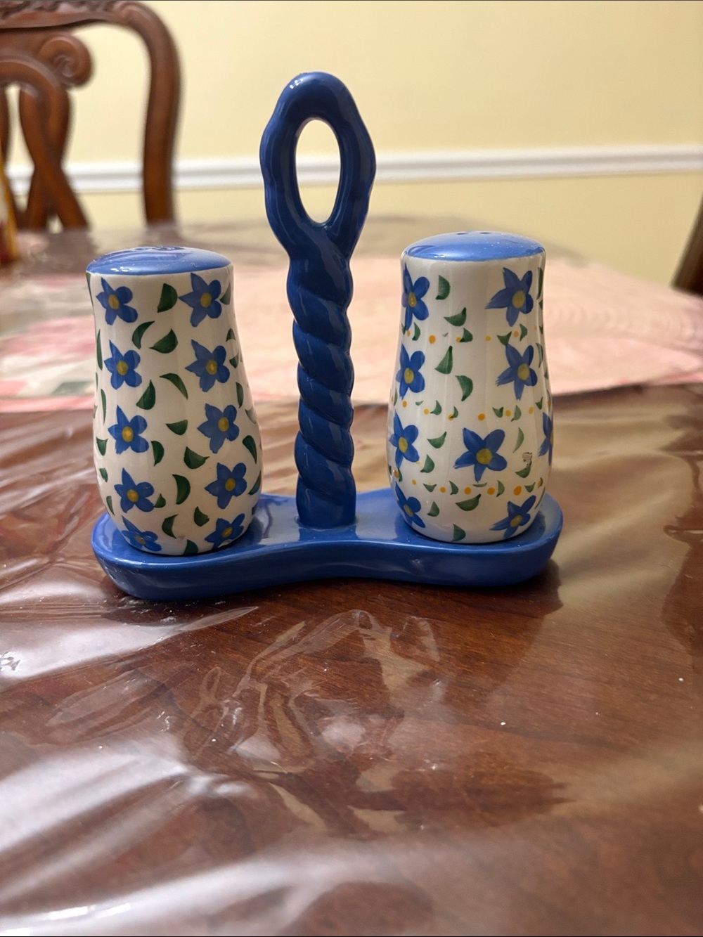Vintage Ceramic Blue Floral Salt & Pepper Shaker Set with Matching Caddy